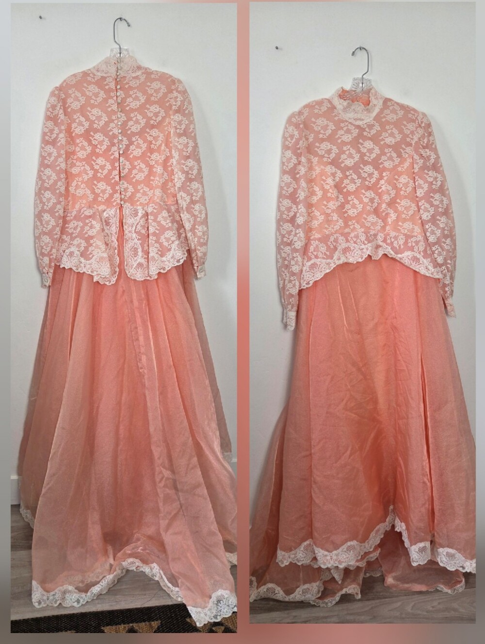 Vintage Handmade Gown 1970s-80s Peach Coral Pink Lace Bridgerton Period Dress